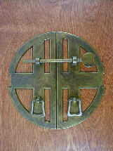 old brass 6-1/2" round backplate w/bail pulls